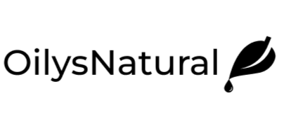 Logo of OilysNatural with a black leaf symbol on a white background
